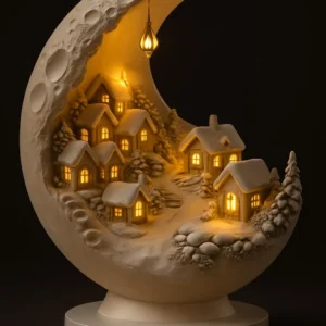 Home decor snow house moon acrylic ornament — 2D flat half-moon table sign with base, home and office desk decoration ornament.