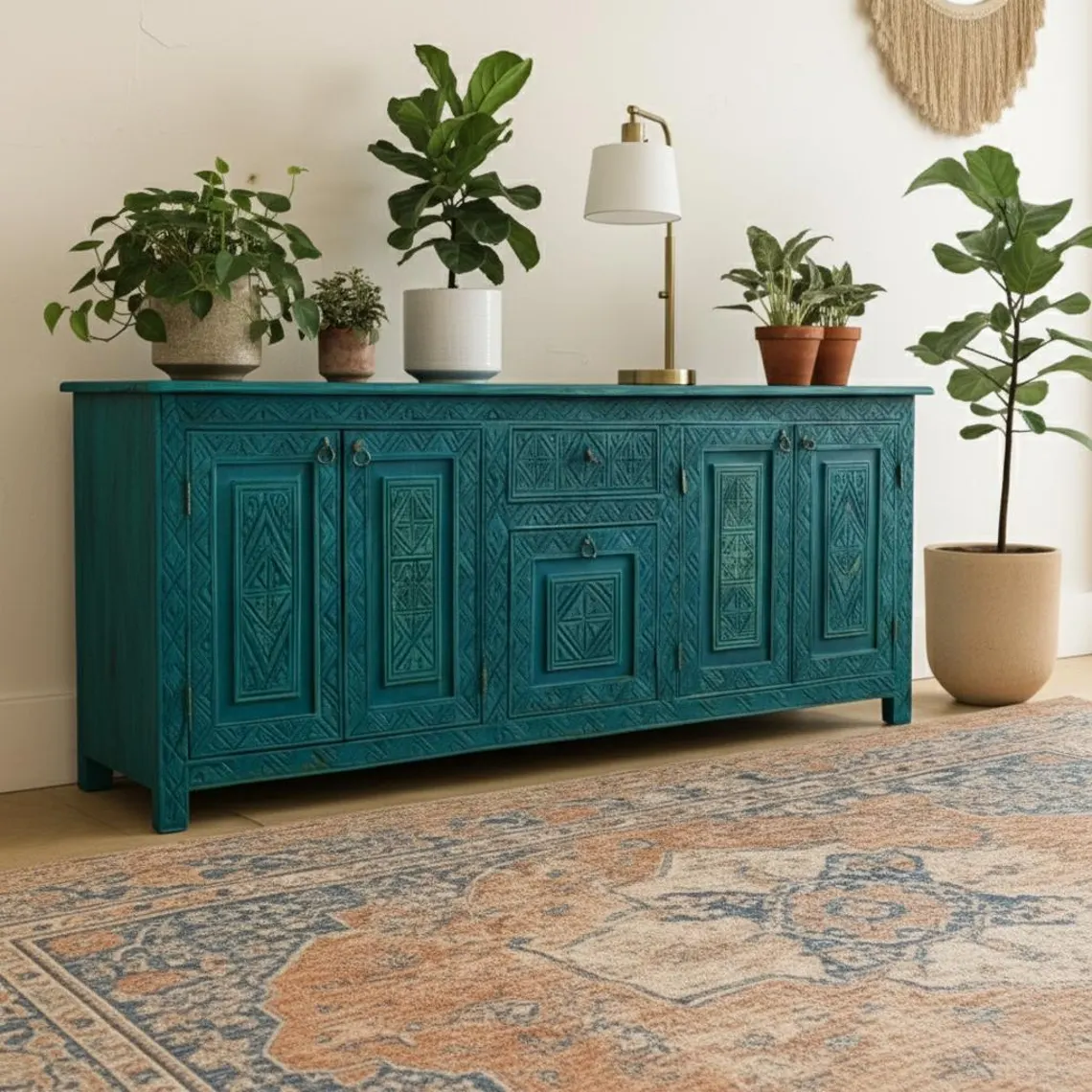 Moroccan Handmade Abstract Hand painted Table, Living Room Table, Geometric Sideboard, Console table, Gift, Real Wood Table, Cabinet - Image 3